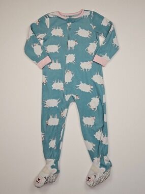 5/$25 Carter’s Fleece Footed Pajamas 4T Teal Sheep Zip Sleeper Girls